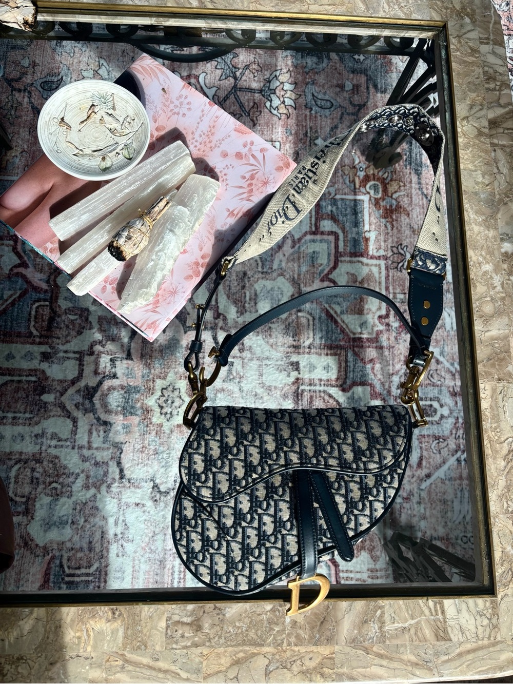Dior Blue Monogram Saddle Bag with Gold 'D' Charm